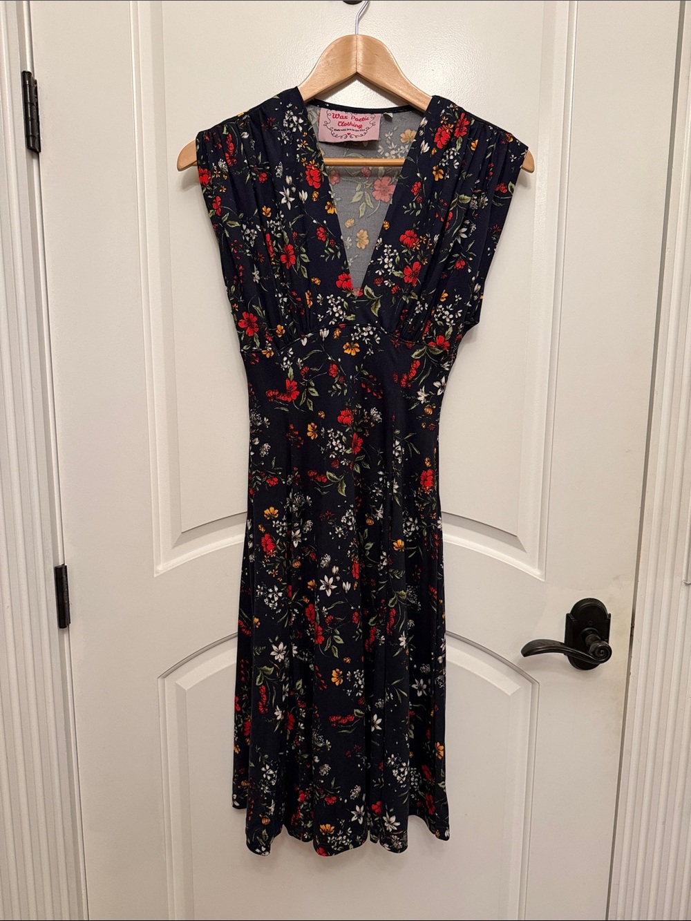 Wax Poetic Clothing V-Neck Navy and Floral Midi Dress, Sz M